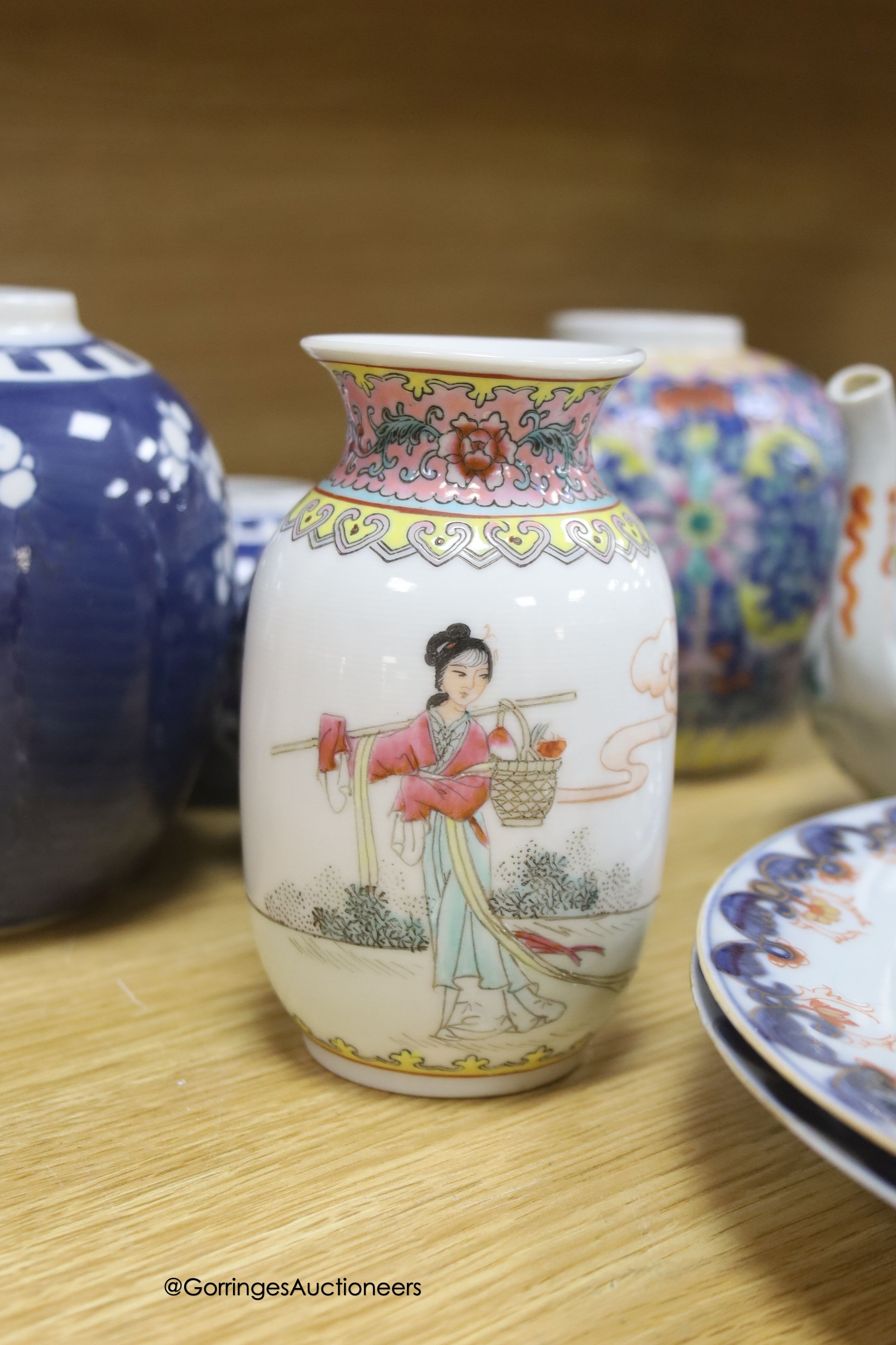 A group of mixed Chinese ceramics including a and 18th century famille rose teapot and four Samson Imari dishes, diameter 23cm